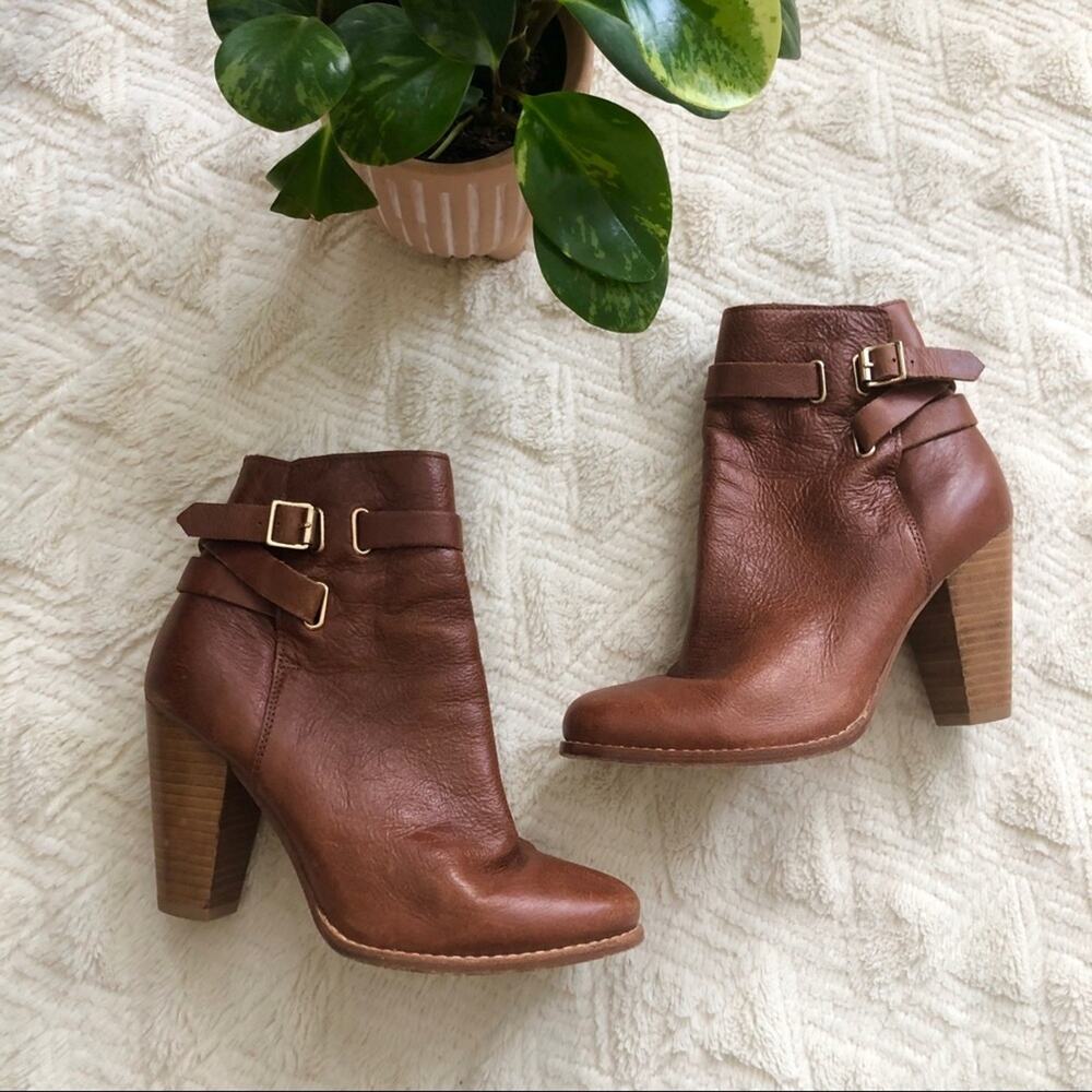 Joie Tan Leather Heeled Buckle Booties